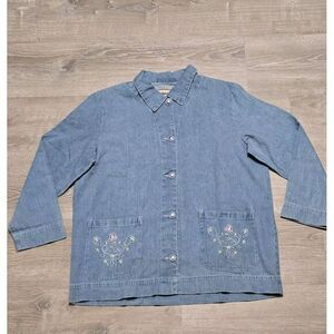 VTG Tudor Court By Haband Women's Blue Denim Floral Embroidered Shacket Sz XL‎